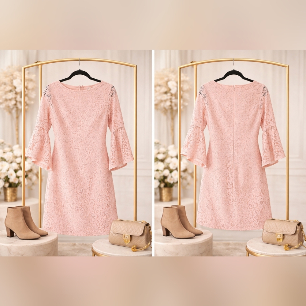 Elegant Pink Lace Bell-Sleeve Dress